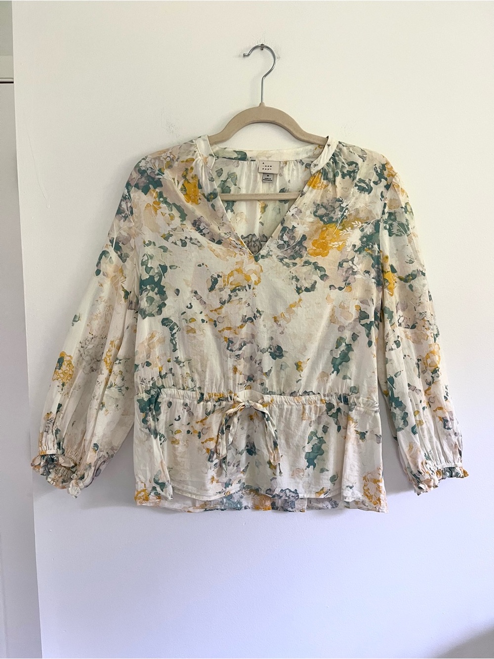 a new day Cream Watercolor Floral Print Balloon Sleeve Blouse Cottagecore Work M